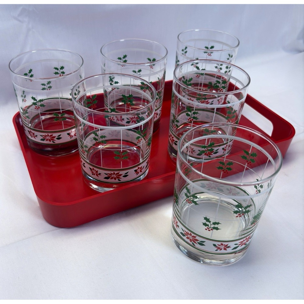 Set of 6 Clear Glass Tumblers Holly & Poinsettia Christmas w/ Red Tray  12oz